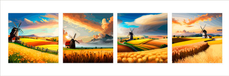 Rural summer landscape with windmill and wheat field. Vector illustration. Nature rural landscape with old dutchのイラスト素材