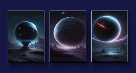 Futuristic fantasy landscape, sci fi landscape with planet, neon light, cold planet. Galaxy unknown planet Dark naturalの写真素材