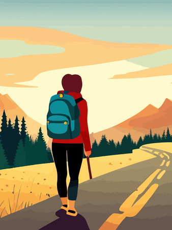 Beautiful design with a sense of travel. A young woman with a backpack inspects the surroundings. Vector verticalのイラスト素材
