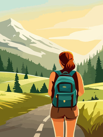 Beautiful design with a sense of travel. A young woman with a backpack inspects the surroundings. Vector verticalのイラスト素材