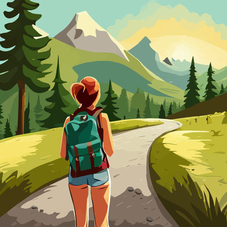 Adventure woman hiker enjoying hiking in mountains with nordic poles backpack flat vector illustration. Woman traveler travels with backpack.のイラスト素材