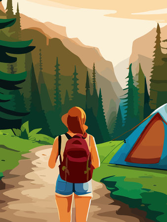 Beautiful design with a sense of travel. A young woman with a backpack inspects the surroundings. Vector verticalのイラスト素材
