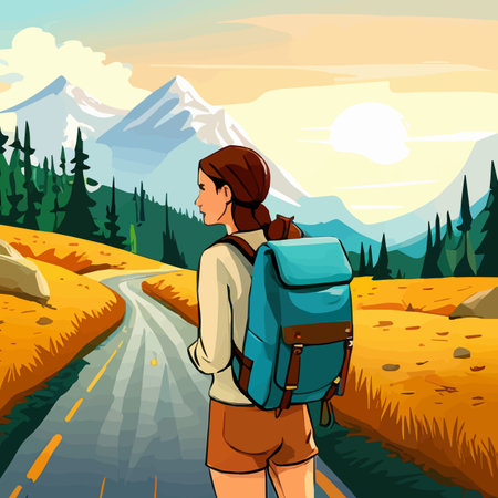 Adventure woman hiker enjoying hiking in mountains with nordic poles backpack flat vector illustration. Woman traveler travels with backpack.のイラスト素材