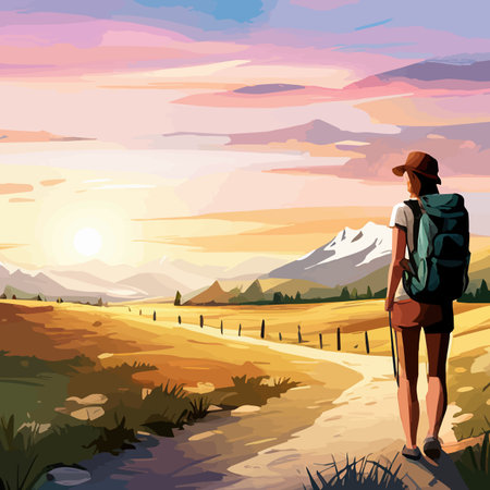 Adventure woman hiker enjoying hiking in mountains with nordic poles backpack flat vector illustration. Woman traveler travels with backpack.のイラスト素材