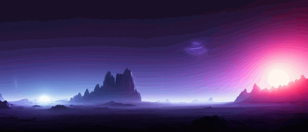 Space digital artwork. Surreal fantasy space. Nebula with planets stars. Science fiction elements. Glowing technologies. Dark colorful universe. Asteroids concept with moons stones vector illustrationのイラスト素材