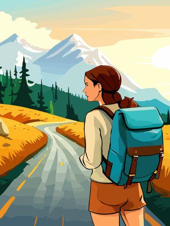 Beautiful design with a sense of travel. A young woman with a backpack inspects the surroundings. Vector verticalのイラスト素材