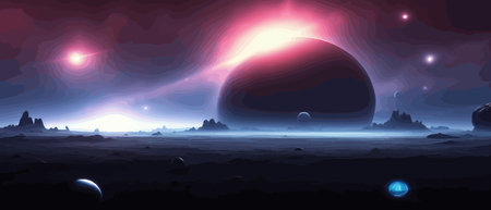 Space digital artwork. Surreal fantasy space. Nebula with planets stars. Science fiction elements. Glowing technologies. Dark colorful universe. Asteroids concept with moons stones vector illustrationのイラスト素材
