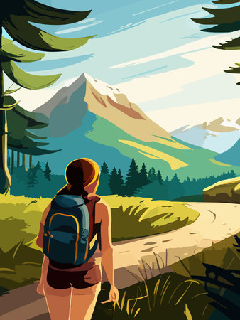 Beautiful design with a sense of travel. A young woman with a backpack inspects the surroundings. Vector verticalのイラスト素材
