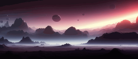 Space digital artwork. Surreal fantasy space. Nebula with planets stars. Science fiction elements. Glowing technologies. Dark colorful universe. Asteroids concept with moons stones vector illustrationのイラスト素材
