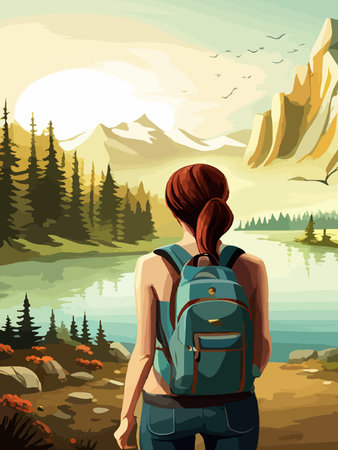Beautiful design with a sense of travel. A young woman with a backpack inspects the surroundings. Vector verticalのイラスト素材