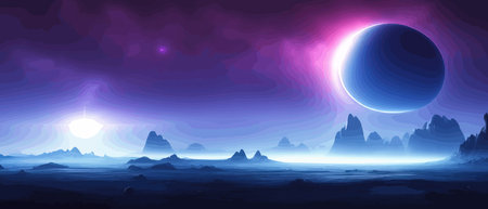 Space digital artwork. Surreal fantasy space. Nebula with planets stars. Science fiction elements. Glowing technologies. Dark colorful universe. Asteroids concept with moons stones vector illustrationのイラスト素材