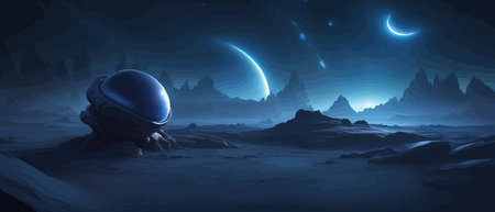 Space digital artwork. Surreal fantasy space. Nebula with planets stars. Science fiction elements. Glowing technologies. Dark colorful universe. Asteroids concept with moons stones vector illustrationのイラスト素材