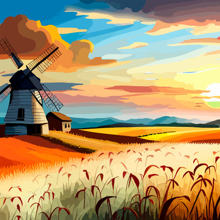 Rural summer landscape with windmill and wheat field. Vector illustration. Nature rural landscape with old dutchのイラスト素材