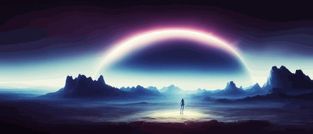 Space digital artwork. Surreal fantasy space. Nebula with planets stars. Science fiction elements. Glowing technologies. Dark colorful universe. Asteroids concept with moons stones vector illustrationのイラスト素材