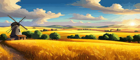 Country summer landscape with windmills, wheat field with grain, flat vector illustration. Rural area. Haybales. Farm Flat. Organic food concept for any design banner.のイラスト素材