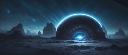 Space digital artwork. Surreal fantasy space. Nebula with planets stars. Science fiction elements. Glowing technologies. Dark colorful universe. Asteroids concept with moons stones vector illustrationのイラスト素材