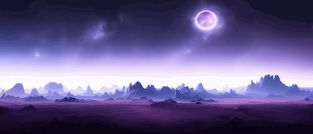 Space digital artwork. Surreal fantasy space. Nebula with planets stars. Science fiction elements. Glowing technologies. Dark colorful universe. Asteroids concept with moons stones vector illustrationのイラスト素材