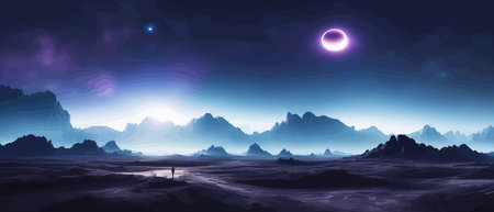 Space digital artwork. Surreal fantasy space. Nebula with planets stars. Science fiction elements. Glowing technologies. Dark colorful universe. Asteroids concept with moons stones vector illustrationのイラスト素材