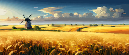 Country summer landscape with windmills, wheat field with grain, flat vector illustration. Rural area. Haybales. Farm Flat. Organic food concept for any design banner.のイラスト素材