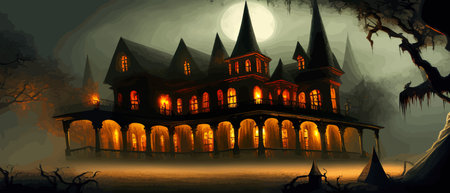 Scary little haunted house in horror forest, spooky haunted house in old, vintage style for Halloween and other spooky occasions. Vector illustration.のイラスト素材