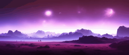 Space digital artwork. Surreal fantasy space. Nebula with planets stars. Science fiction elements. Glowing technologies. Dark colorful universe. Asteroids concept with moons stones vector illustrationのイラスト素材