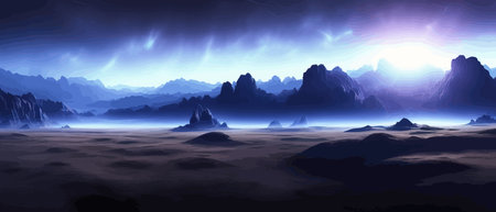 Space digital artwork. Surreal fantasy space. Nebula with planets stars. Science fiction elements. Glowing technologies. Dark colorful universe. Asteroids concept with moons stones vector illustrationのイラスト素材