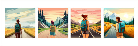 Adventure woman hiker enjoying hiking in mountains with nordic poles backpack flat vector illustration. Woman traveler travels with backpack.のイラスト素材
