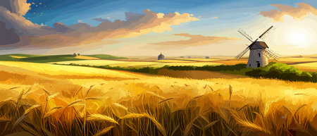 Country summer landscape with windmills, wheat field with grain, flat vector illustration. Rural area. Haybales. Farm Flat. Organic food concept for any design banner.のイラスト素材