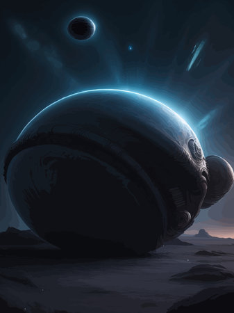 Futuristic fantasy landscape, sci fi landscape with planet, neon light, cold planet. Galaxy unknown planet Dark naturalのイラスト素材