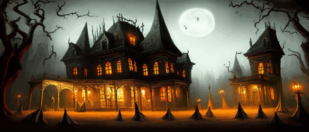Scary little haunted house in horror forest, spooky haunted house in old, vintage style for Halloween and other spooky occasions. Vector illustration.のイラスト素材