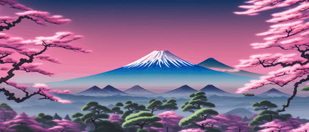 Cherry trees and lake under Mount Fuji, clear cloudy sky at dusk, super realistic and highly detailed Japanese pagoda, vector illustration.のイラスト素材