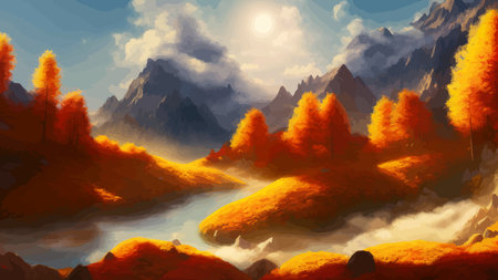 Vector illustration of countryside in autumn, autumn landscape mountains and maple trees fallen with yellow foliage. Forest in shades of orange and teal in the fall.のイラスト素材
