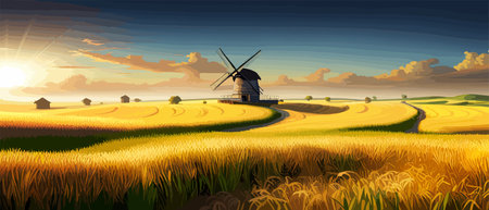 Country summer landscape with windmills, wheat field with grain, flat vector illustration. Rural area. Haybales. Farm Flat. Organic food concept for any design banner.のイラスト素材