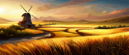 Country summer landscape with windmills, wheat field with grain, flat vector illustration. Rural area. Haybales. Farm Flat. Organic food concept for any design banner.のイラスト素材