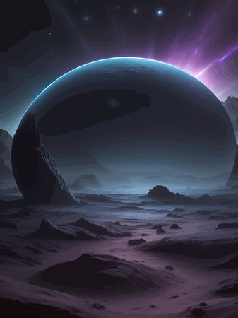 Futuristic fantasy landscape, sci fi landscape with planet, neon light, cold planet. Galaxy unknown planet Dark naturalのイラスト素材
