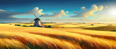 Country summer landscape with windmills, wheat field with grain, flat vector illustration. Rural area. Haybales. Farm Flat. Organic food concept for any design banner.のイラスト素材