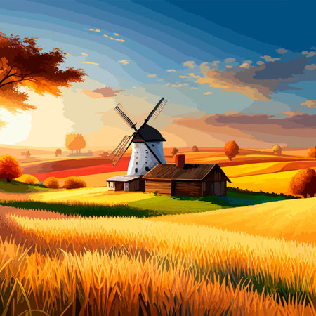 Rural summer landscape with windmill and wheat field. Vector illustration. Nature rural landscape with old dutchのイラスト素材