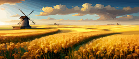 Country summer landscape with windmills, wheat field with grain, flat vector illustration. Rural area. Haybales. Farm Flat. Organic food concept for any design banner.のイラスト素材