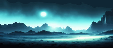 Space digital artwork. Surreal fantasy space. Nebula with planets stars. Science fiction elements. Glowing technologies. Dark colorful universe. Asteroids concept with moons stones vector illustrationのイラスト素材