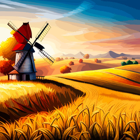 Rural summer landscape with windmill and wheat field. Vector illustration. Nature rural landscape with old dutchのイラスト素材
