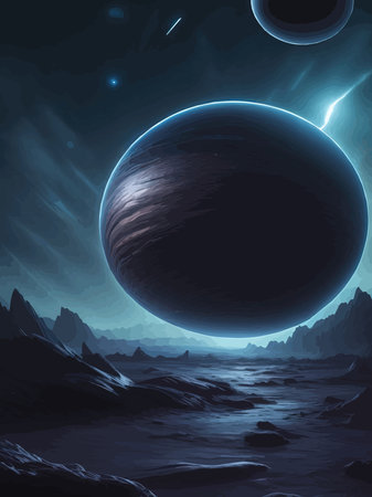Futuristic fantasy landscape, sci fi landscape with planet, neon light, cold planet. Galaxy unknown planet Dark naturalのイラスト素材