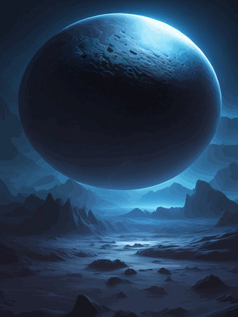 Futuristic fantasy landscape, sci fi landscape with planet, neon light, cold planet. Galaxy unknown planet Dark naturalのイラスト素材