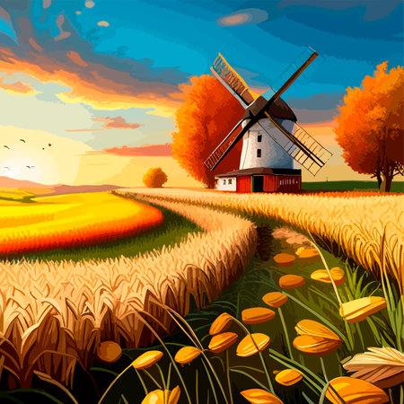 Rural summer landscape with windmill and wheat field. Vector illustration. Nature rural landscape with old dutchのイラスト素材
