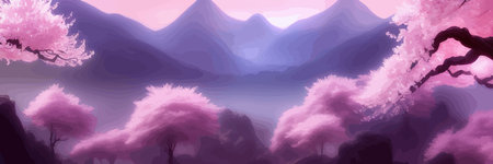 Japanese landscape with sakura trees against the backdrop of mountains and a volcano. beautiful fantasy landscape. vector banner illustration.のイラスト素材