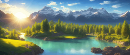 Picture of a mountain lake with a mountain range in the background and a lake in the foreground with a mountain range in the background. vector illustrationのイラスト素材