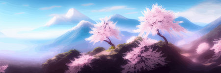 Japanese landscape with sakura trees against the backdrop of mountains and a volcano. beautiful fantasy landscape. vector banner illustration.のイラスト素材