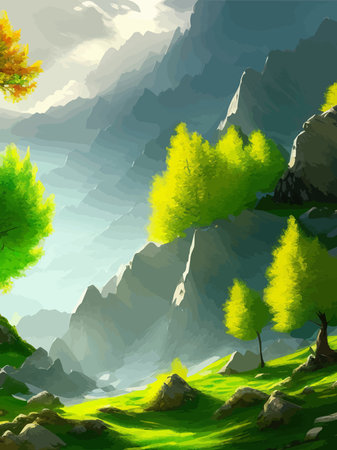 Colorful autumn landscape. Autumn season with red majestic mountains.のイラスト素材