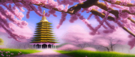 Cherry trees and lake under Mount Fuji, clear cloudy sky at dusk, super realistic and highly detailed Japanese pagoda, vector illustration.のイラスト素材