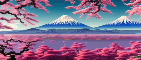 Cherry trees and lake under Mount Fuji, clear cloudy sky at dusk, super realistic and highly detailed Japanese pagoda, vector illustration.のイラスト素材