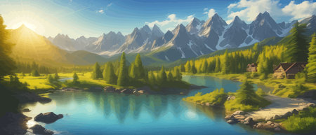 Picture of a mountain lake with a mountain range in the background and a lake in the foreground with a mountain range in the background. vector illustrationのイラスト素材